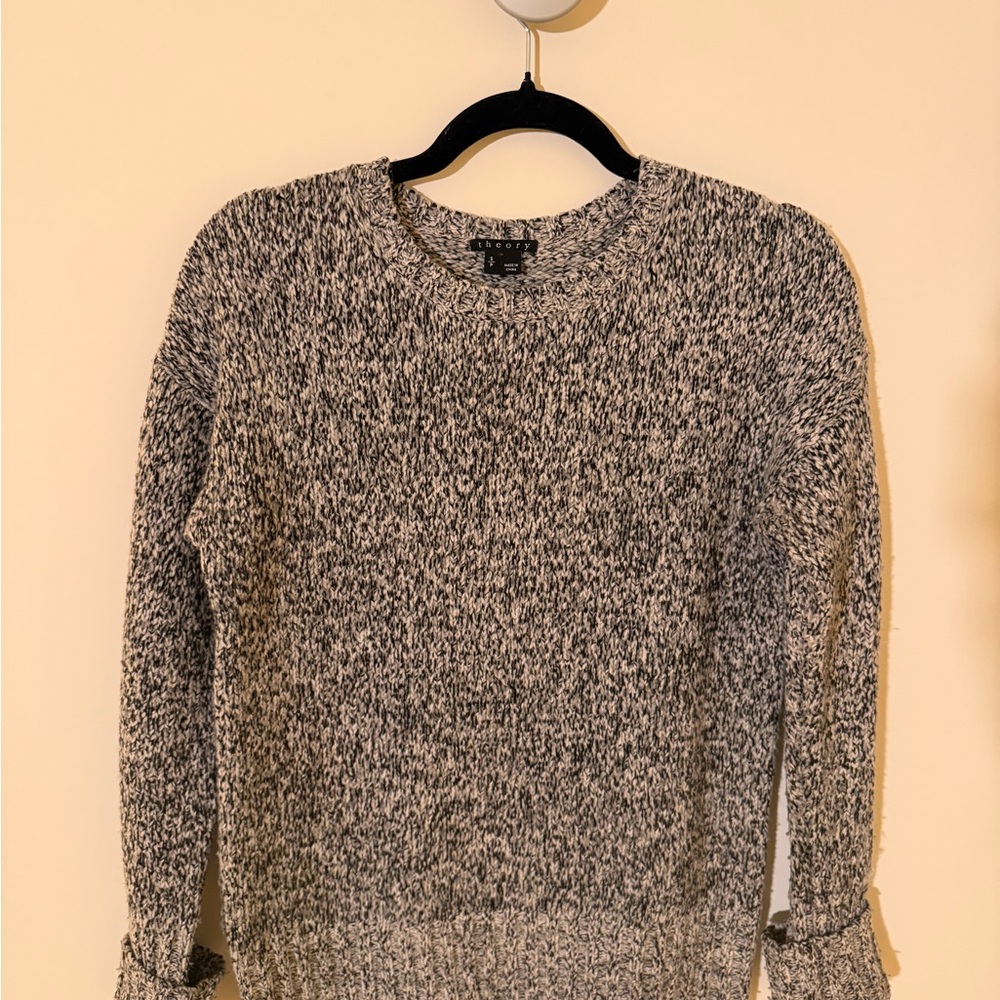 Theory Marled Black and White Knit Crew Neck Sweater